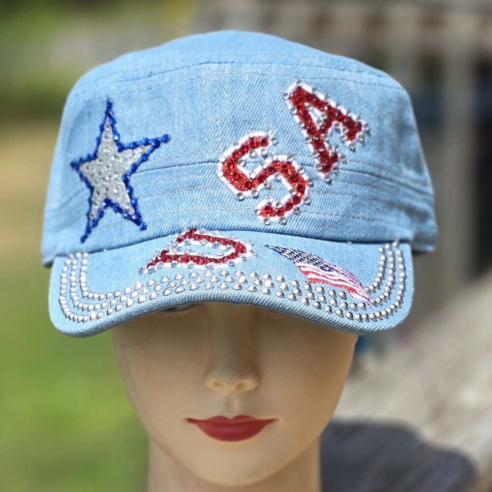 Ladies Blue Denim USA BLING Hat NEW